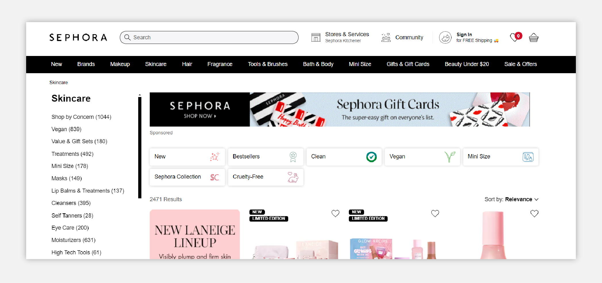 An example of a sidebar nav used to filter products on sephora.com