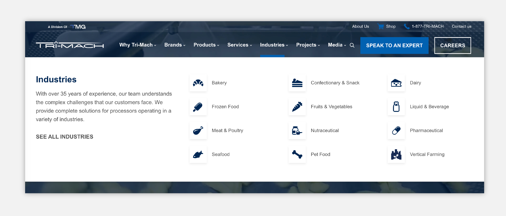 An example of a 'mega-menu' from Tri-Mach Group that uses icons to help make a large list easier to scan quickly.