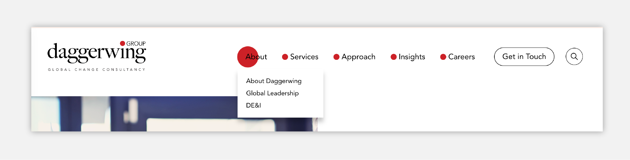 An example of a top nav with dropdowns from Daggerwing Group.