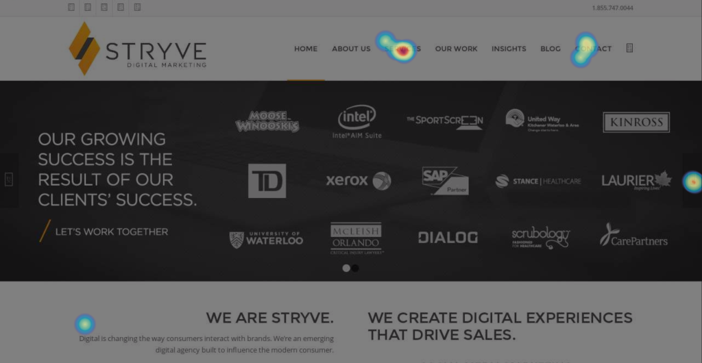 An example of HotJar's click heat map for Stryve's homepage.