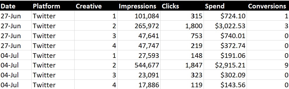 Raw data example Stryve Digital Marketing