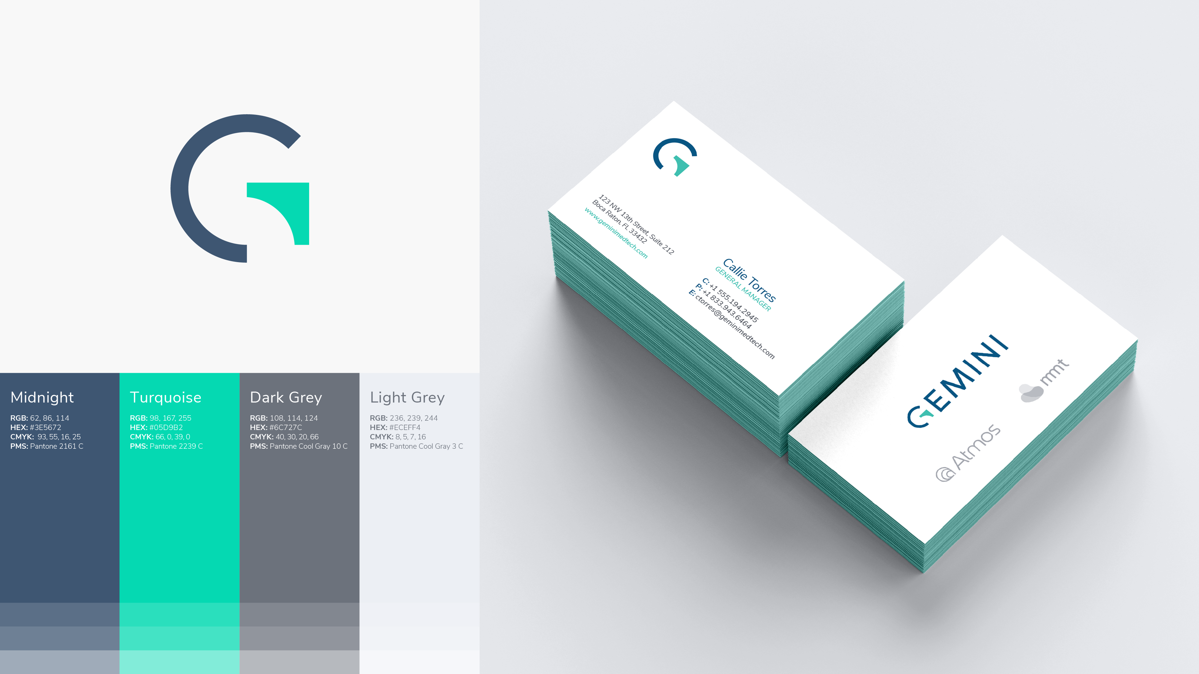 Gemini logo, colour palette, and business card.