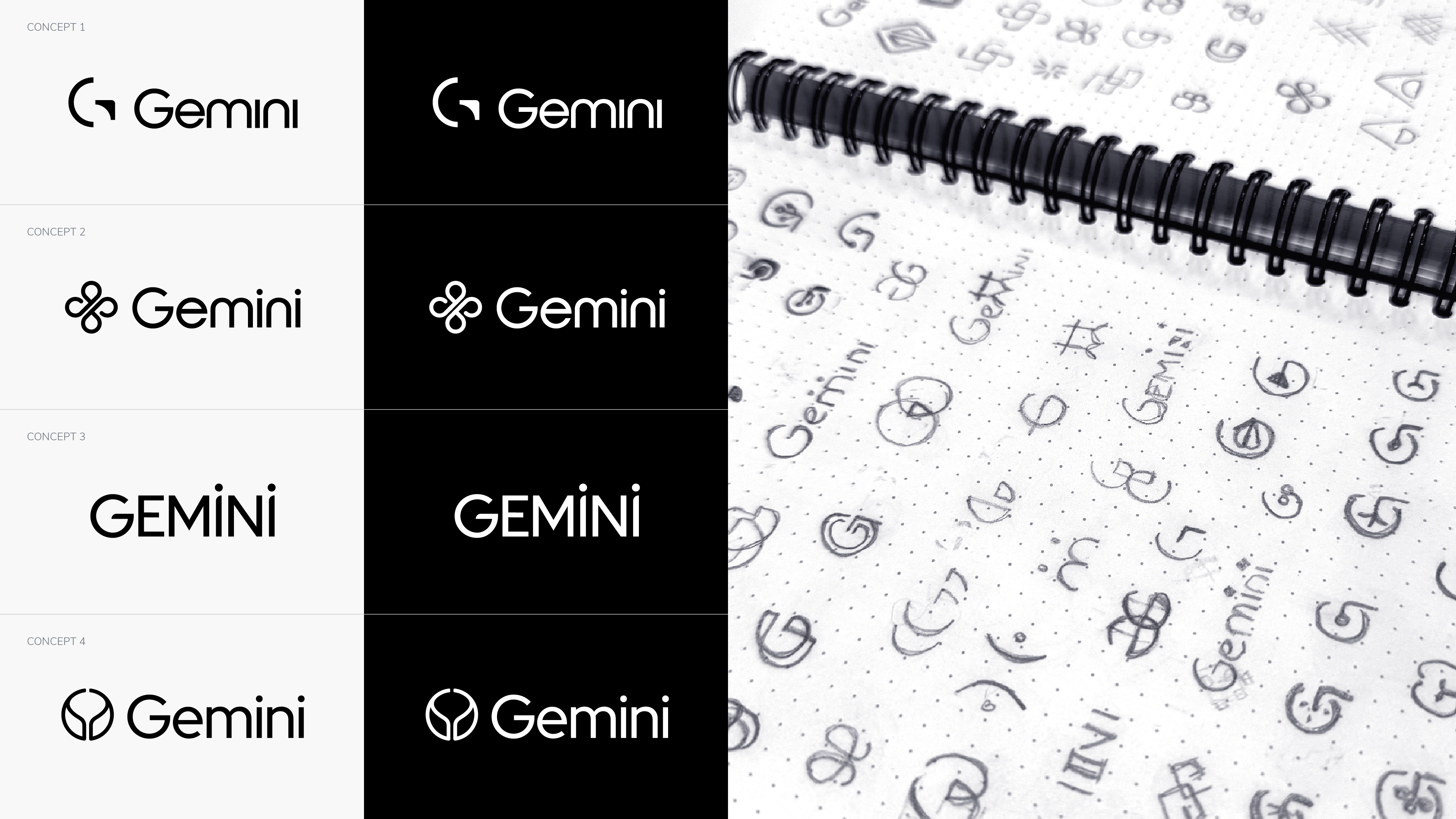 Four Gemini logo concepts with rough sketches