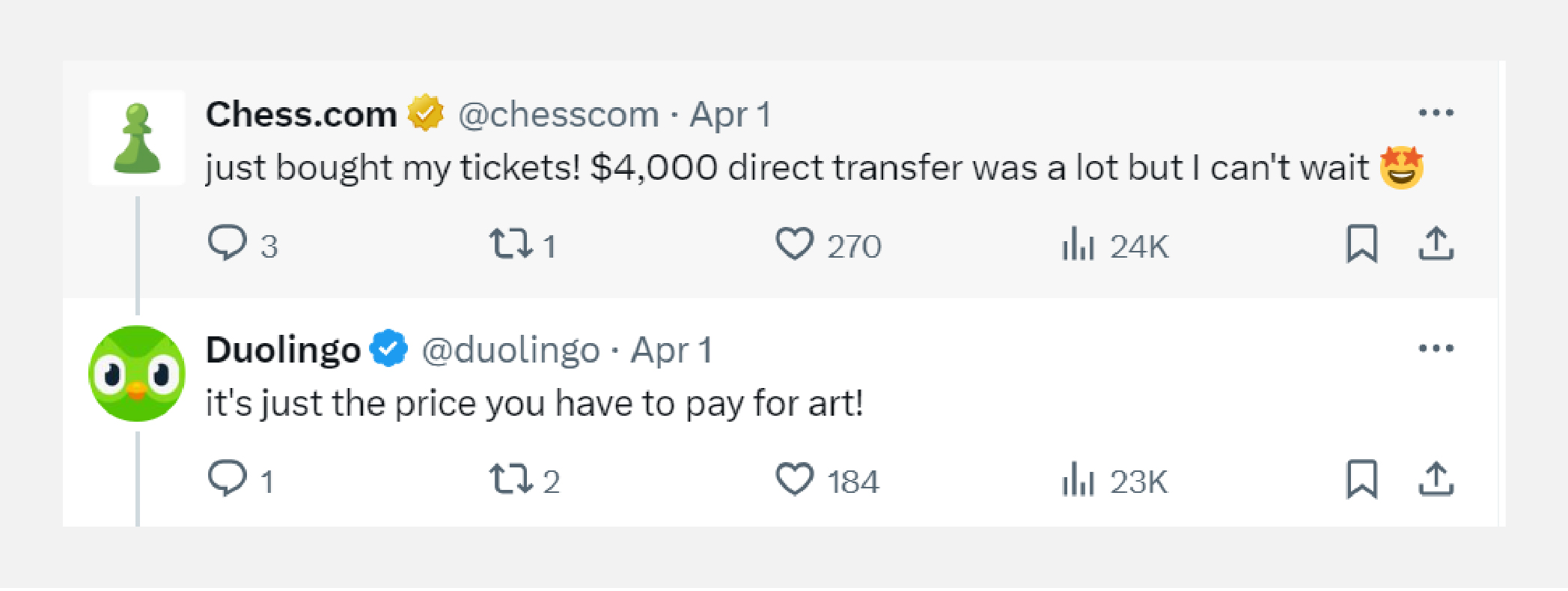 Tweet between Chess.com and Duolingo.