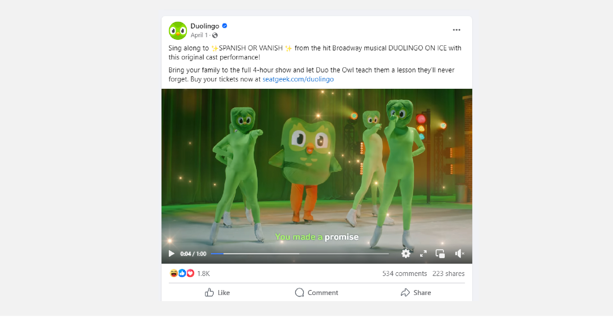 A screenshot from Facebook of a post promoting Duolingo on Ice.