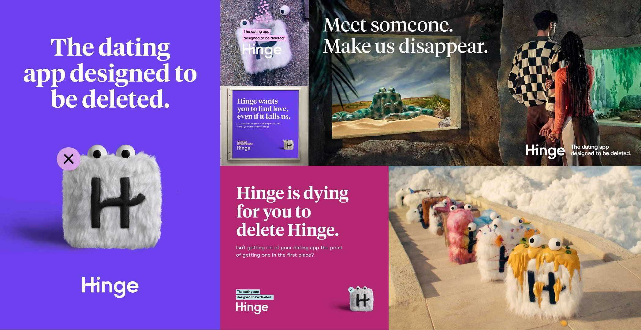 Examples from Hinge's 'designed to be deleted' campaign.