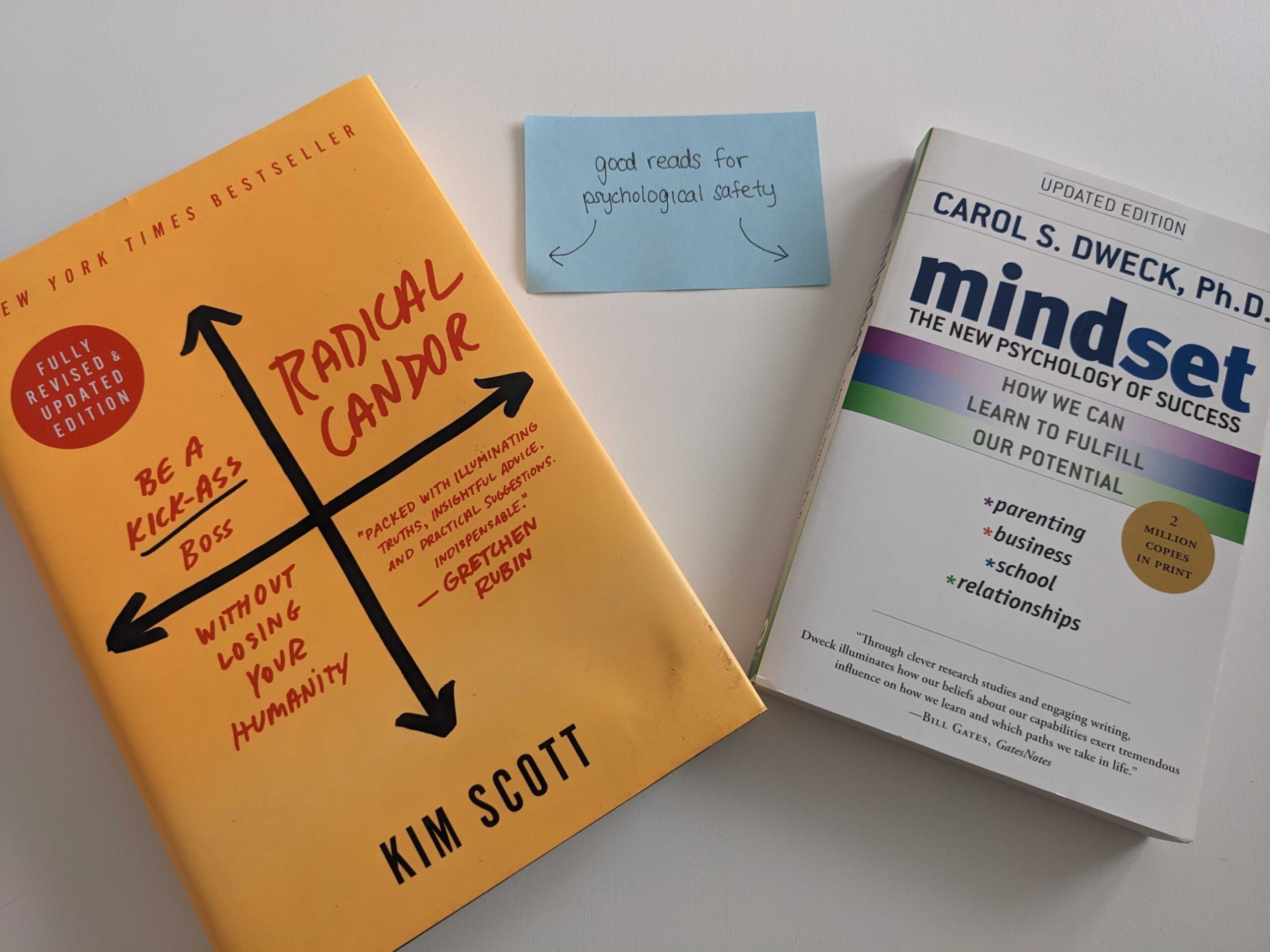 Good books to read for psychological safety at work: Radical Candor by Kim Scott and Mindset by Carol S. Dweck, Ph.D