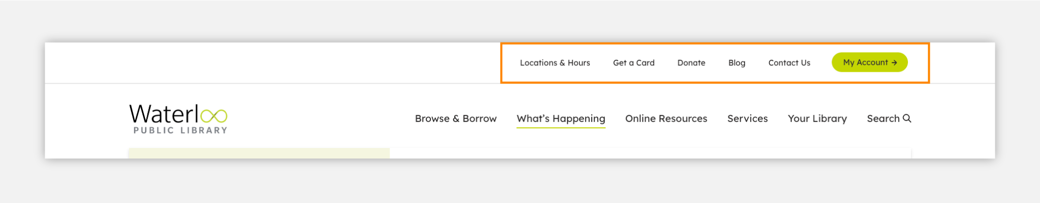 An example of an eyebrow nav used to create hierarchy between primary and secondary navigational items from Waterloo Public Library.