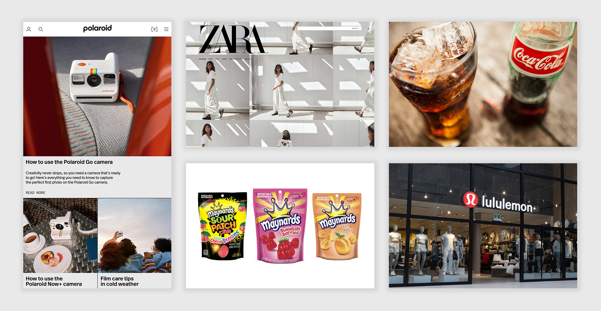 Images of: Polaroid's website, Zara's website, a bottle of Coca Cola, Maynard's candy packaging and a lululemon storefront