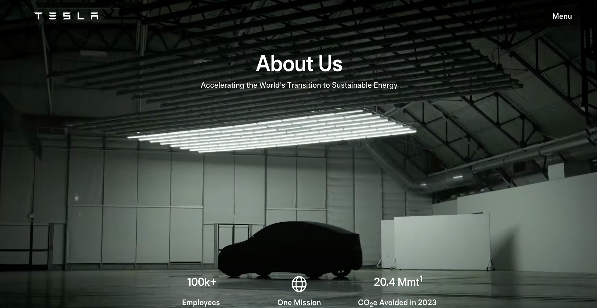 Screenshot of Tesla's About page featuring their tagline.