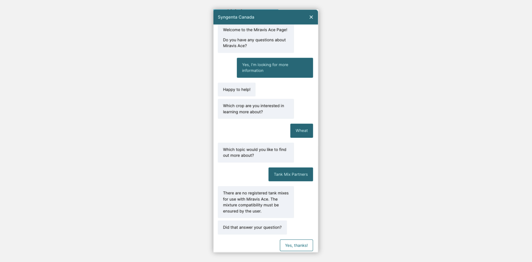 A screenshot of a sample interaction from Syngenta's chatbot