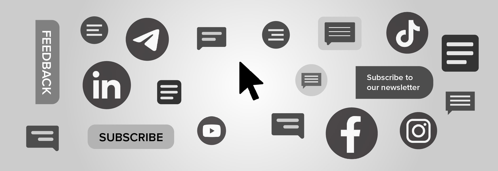 A cursor surrounded by typically sticky elements such as subscribe buttons, social media icons, and chatbot widgets.