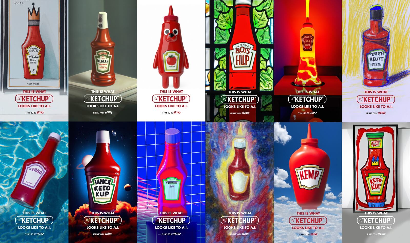 Ketchup AI campaign showing that AI strongly associates ketchup bottles with the shape of Heinz bottles.