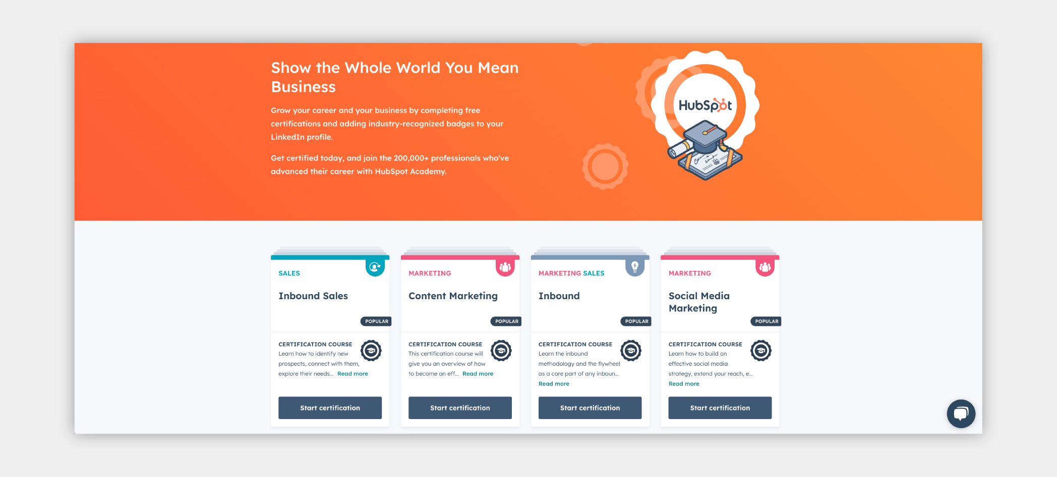 Screenshot from HubSpot's learning academy showing various certifications.