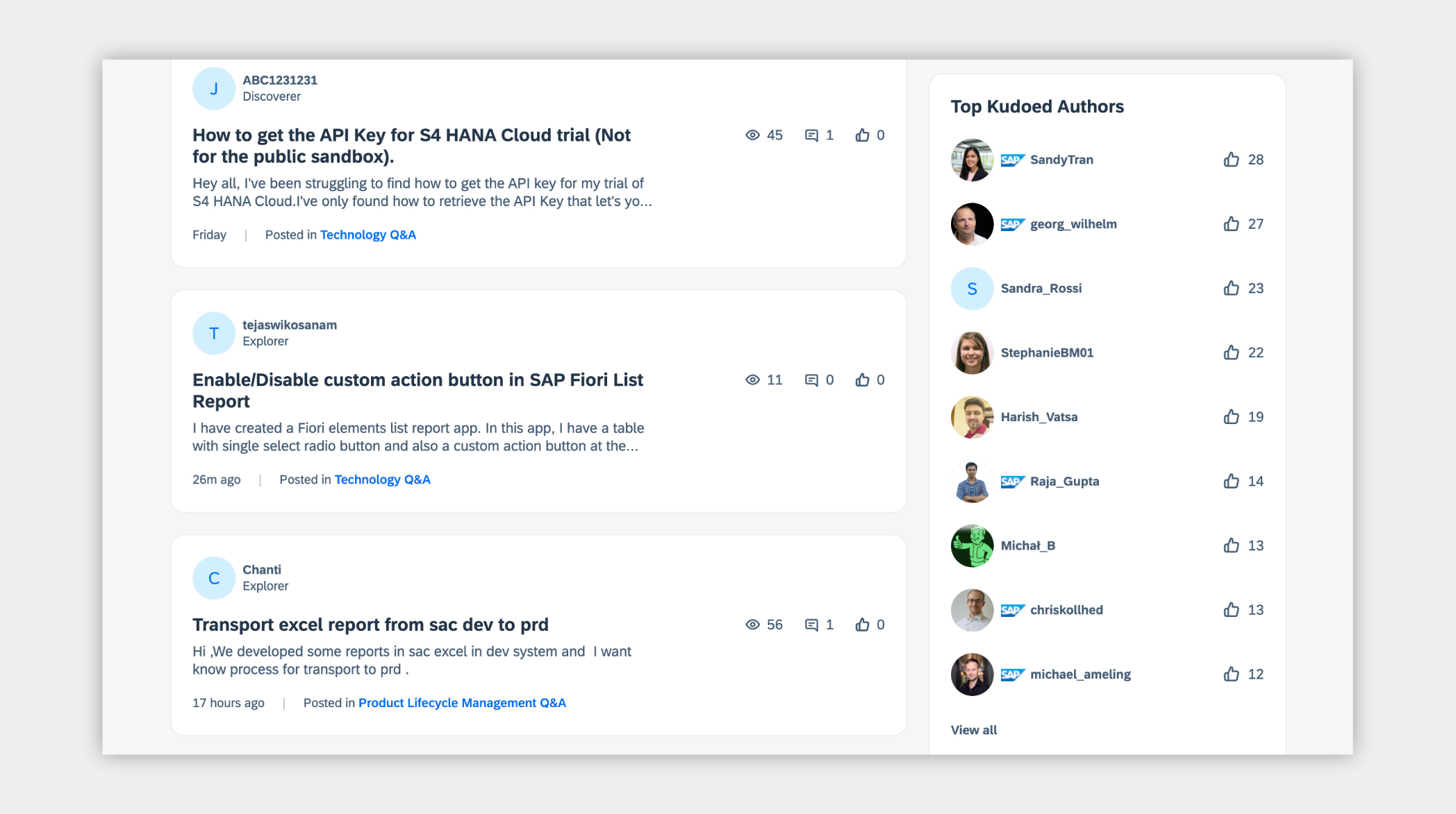 A screen shot from SAP showing top 'Kudoed' authors.