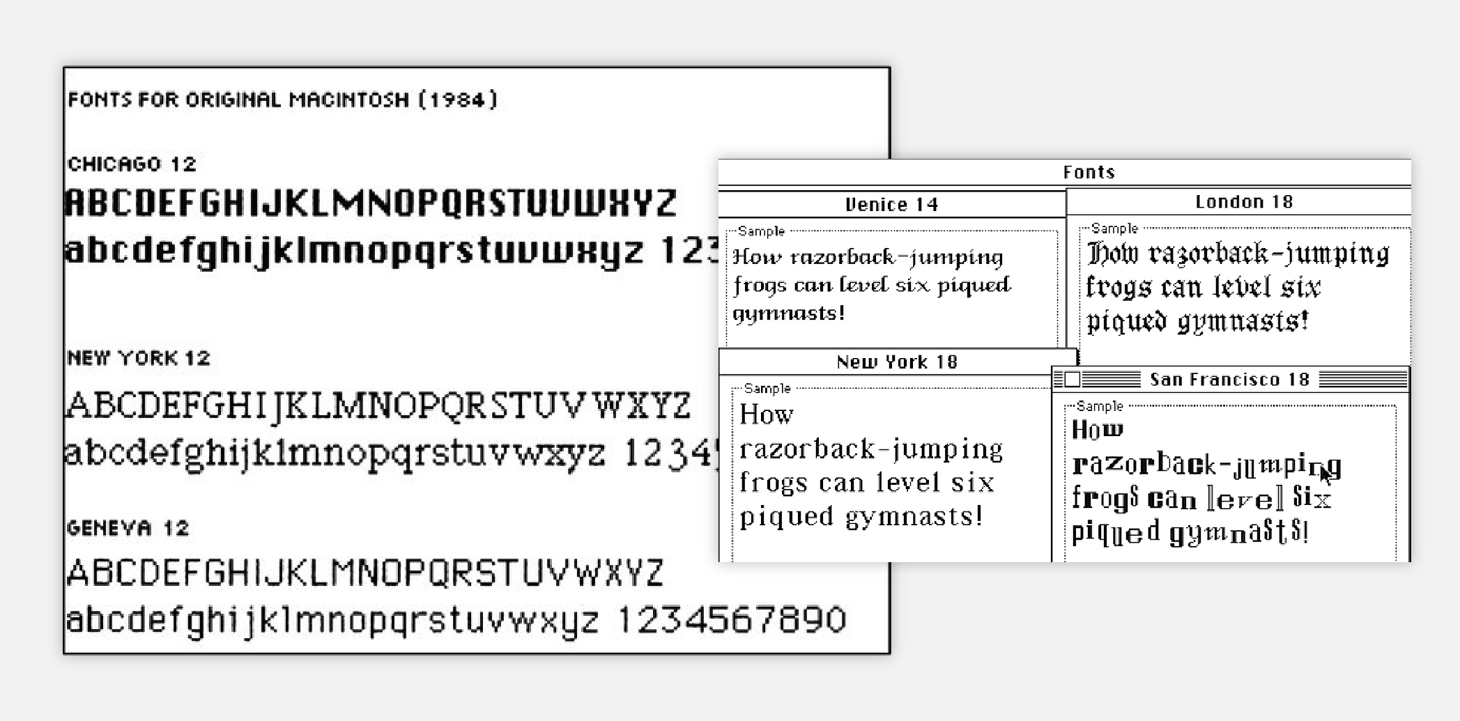 Examples of bitmap fonts—tiny grids of pixels.