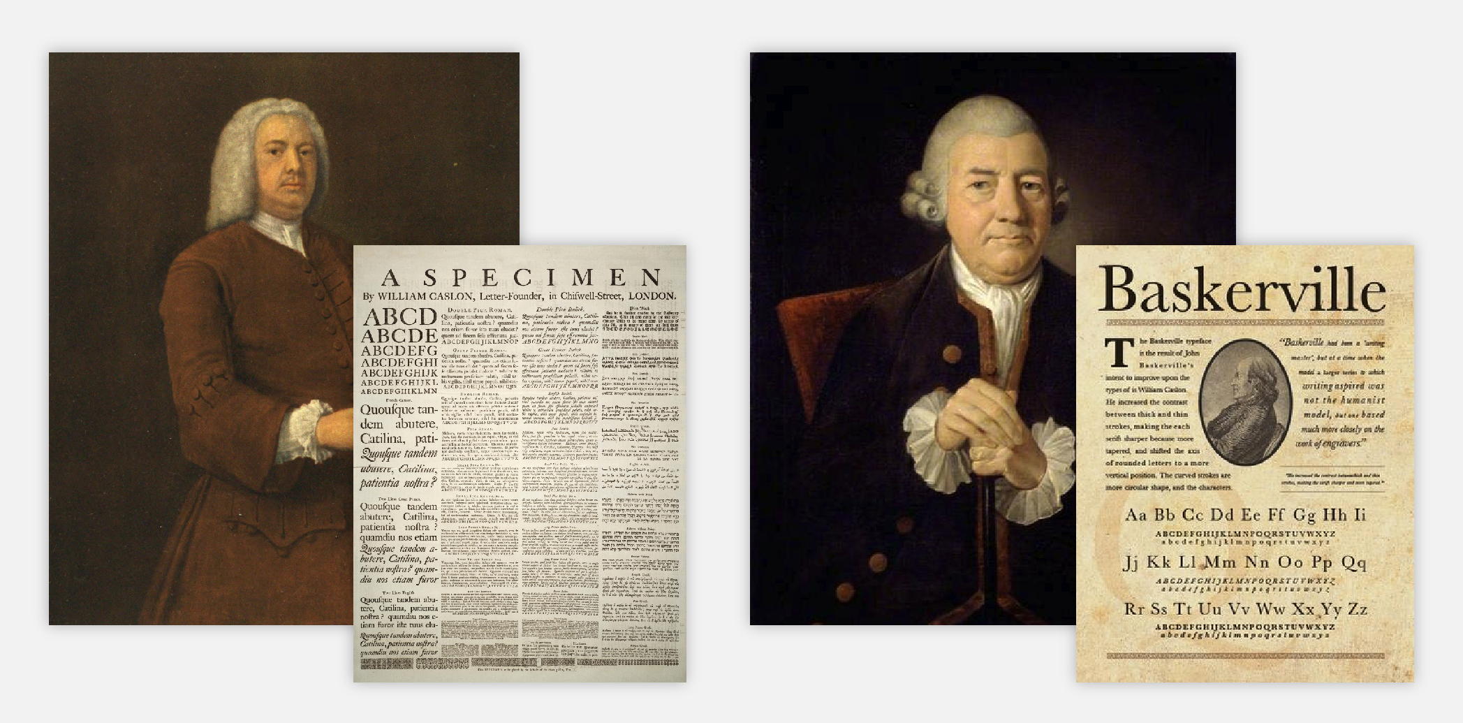 Paintings of William Caslon and John Baskerville and examples of the type they each created.