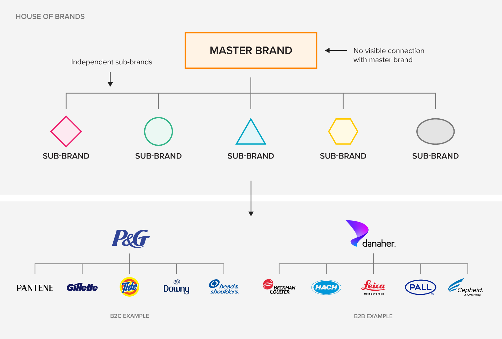 Example of House of Brands brand architecture and B2B (Danaher) and B2C (P&G) examples